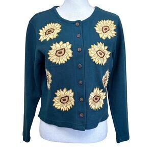 Bechamel green cardigan w/sunflowers, vintage, whimsical, cozy, wacky, prairie